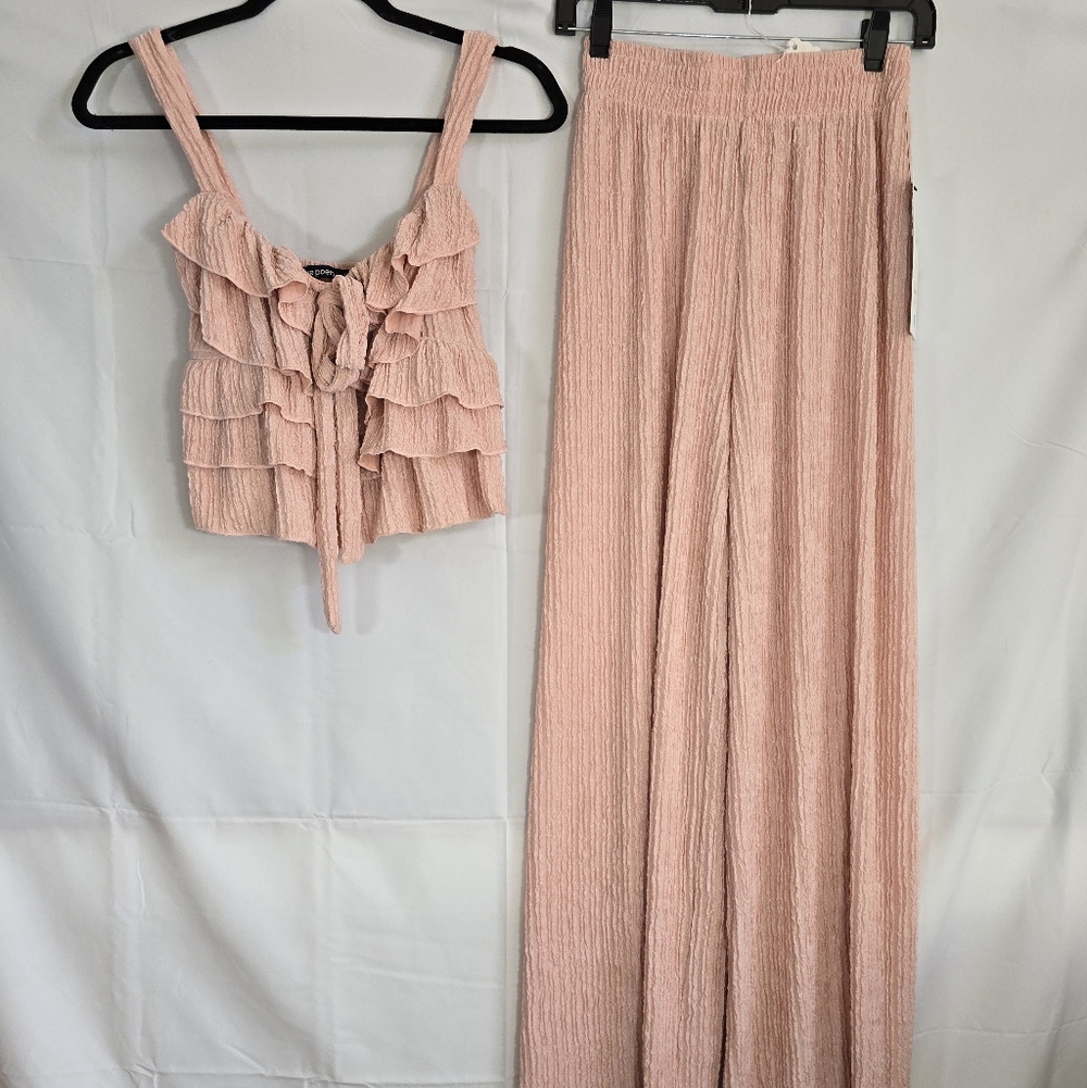 Women’s Peach Ruffle Crop Top & Wide-Leg Pants Set